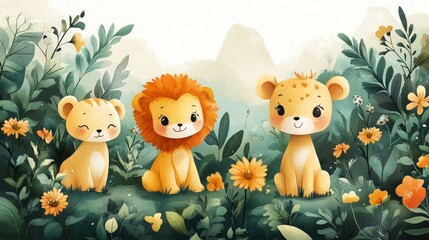 Naklejka premium Three cute lion cubs amidst flowers.