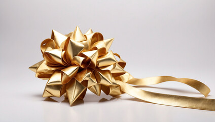 Fototapeta premium A Festive Image of a Gold Star Gift with a Bow and Ribbon on a White Background for Celebrations