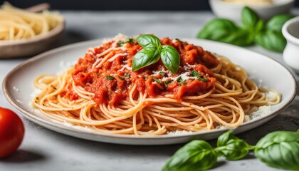 a close up of a plate of spaghetti with sauce and tomatoes