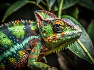Obraz premium Close-up of a vibrant chameleon, showcasing its colorful, textured skin. Exotic reptile photography.