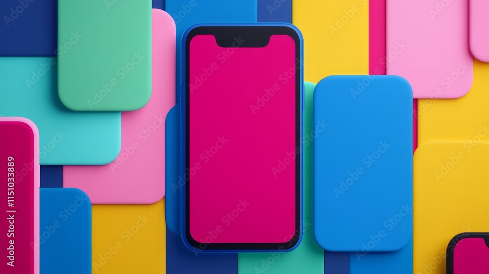 Poster Colorful Abstract Composition Featuring a Smartphone Surrounded by Vibrant Geometric Shapes in Varying Colors and Sizes for Modern Design Use