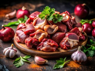 Night Photography: Raw Chicken Giblets & Liver Close-Up - Dark Food Still Life