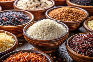 Overhead Shot of Colorful Rice Bowls: Diverse Rice Varieties, Grain Textures, Food Photography