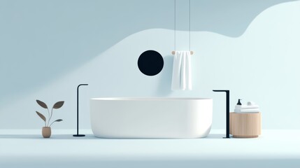 Luxury modern bathroom design, elegant white tub and sleek black sink in minimalist style