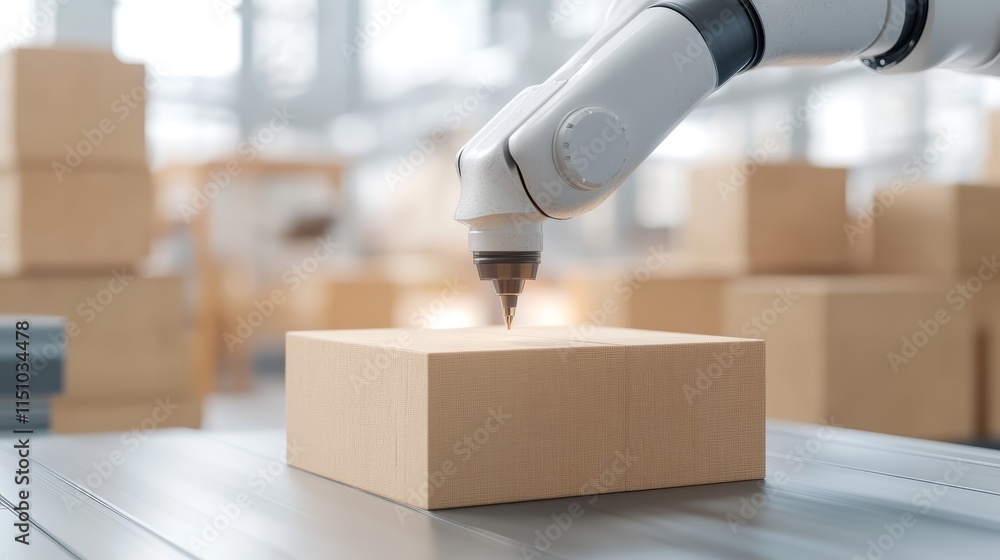 Poster robot automation in warehouse, efficiently moving box with cardboard demonstrating technological inn