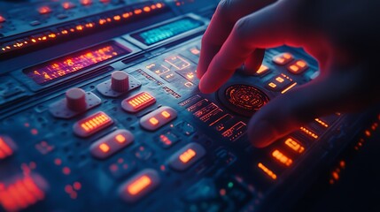 Obraz premium Macro shot of fingers gripping a textured dial on a control panel, vivid glowing displays casting soft light on the metallic surface, industrial background softly blurred,