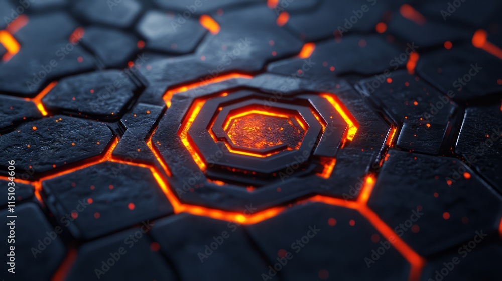 Poster dark hexagonal tiles with glowing orange lava flowing through cracks, evoking an atmosphere of heat 