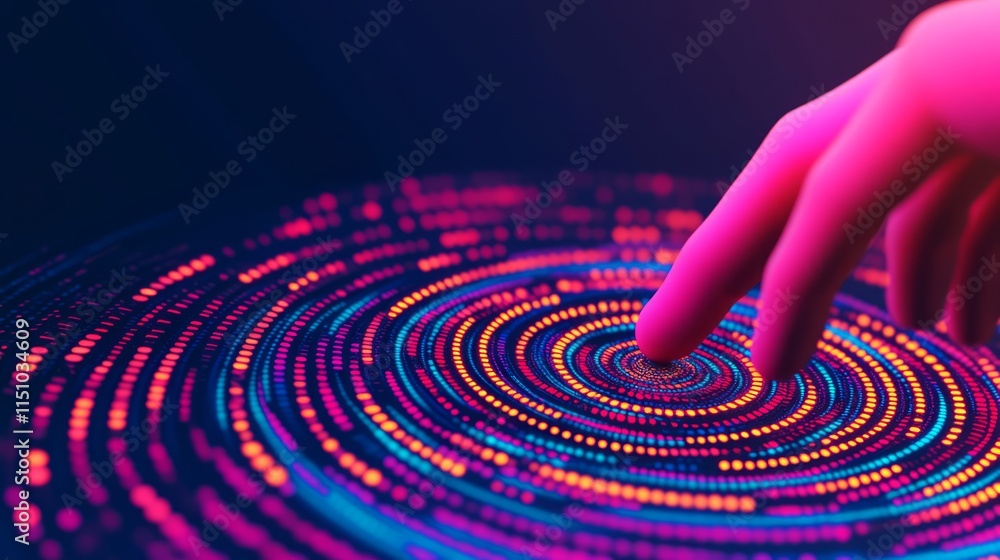 Poster futuristic finger touching colorful digital circles with vibrant patterns and glowing lights, symbol