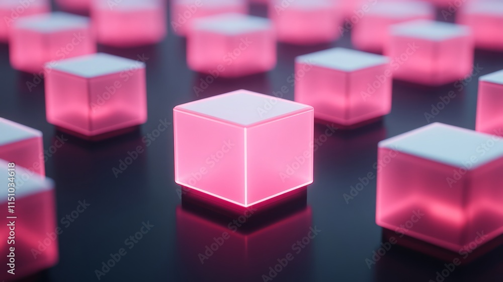 Poster abstract glowing pink cubes arranged on a dark surface, creating a vibrant and modern aesthetic with