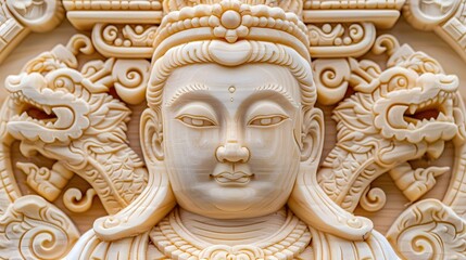Fototapeta premium Close-up of a meticulously carved wooden statue, likely from Asian culture, featuring a deity's face with intricate details and serene expression.