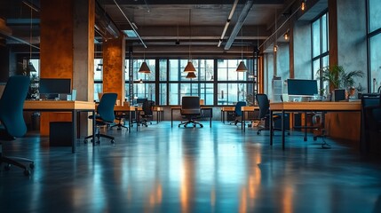 Fototapeta premium Modern office interior with desks, chairs, and large windows for a collaborative workspace.