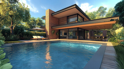 Fototapeta premium Contemporary villa with a large swimming pool, modern outdoor living