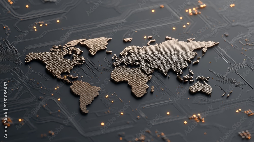 Poster global connectivity, world map circuit board illustrating international networks and digital communi