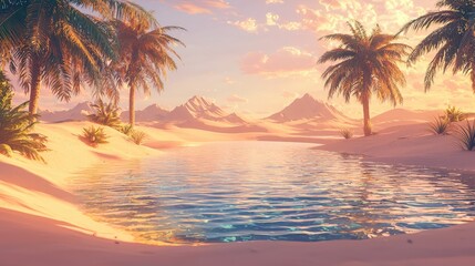 Serene desert oasis with palm trees and mountains at sunset