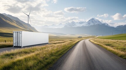Obraz premium Truck on the road, a journey past majestic wind turbine towards sustainable future