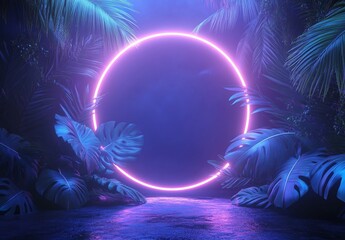 Glowing neon circle in tropical leaves.