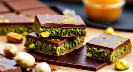 Dark chocolate bars, pistachio filling, vibrant green interior, stacked dessert, gold flakes, luxurious confectionery, rich textures, gourmet sweets, close-up photography, warm lighting, rustic wooden