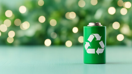one green battery with recycle sign on it and bright background with copy space for battery recycling collect box and point