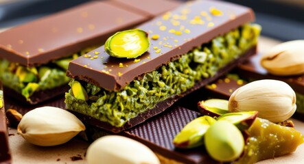Dark chocolate bars, pistachio filling, vibrant green interior, stacked dessert, gold flakes, luxurious confectionery, rich textures, gourmet sweets, close-up photography, warm lighting, rustic wooden