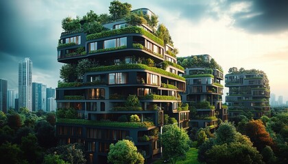 Obraz premium Modern Architectural Marvels Showcasing Apartments Surrounded by Lush Greenery and Cityscape in the Background with Dramatic Lighting Effects