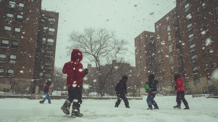 Obraz premium Kids playing outside in snow in apartment complex