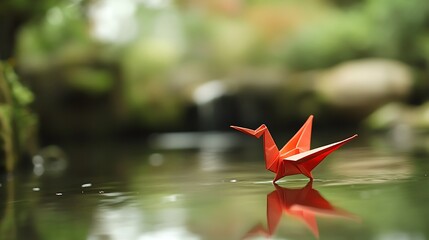 Red origami crane on water.
