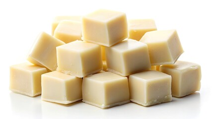 A heap of white chocolate cubes resembling food ingredients, close-up view