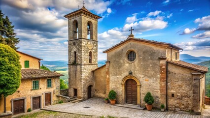 Fototapeta premium Medieval church with bell tower in quaint Italian village , medieval, church, Italian, village, architecture, historic