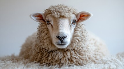 Close-up portrait of a fluffy sheep lying down, looking directly at the camera against a light background.