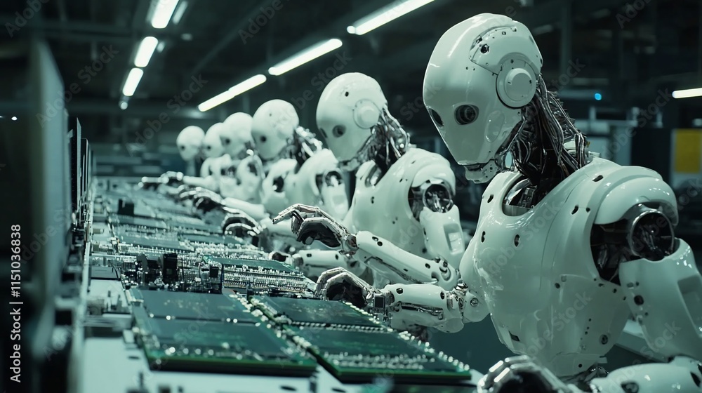Poster robots assembling electronic components in a high-tech industrial setting.