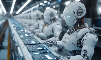 Fototapeta premium Robots assembling electronic components in a futuristic factory setting.