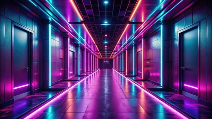 Fototapeta premium Cyberpunk pink neon hallway: long exposure captures glowing walls in a dark, AI-generated night scene.