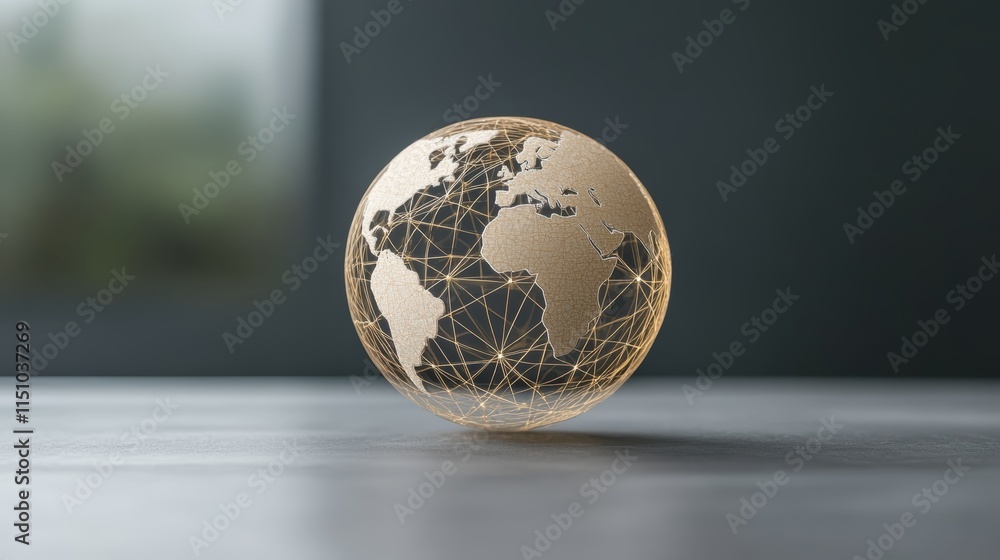 Poster golden globe network, visualizing global interconnectivity and communication in a digital age
