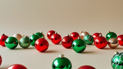 Festive Red and Green Christmas Ornaments Scattered