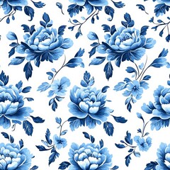 hyper realistic photo of  A delicate floral pattern featuring blue blossoms and green leaves on a white background, evoking a fresh and serene aesthetic