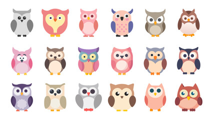 Owl bird Icons set collection flat vector design on isolated background 