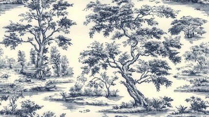 hyper realistic photo of  A classic toile de Jouy pattern in shades of blue and white, depicting pastoral scenes and intricate floral borders