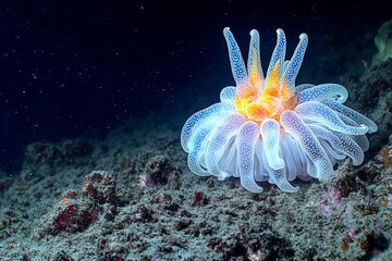 An unidentified siphonophore drifts in dark water near a coral reef in Indonesia