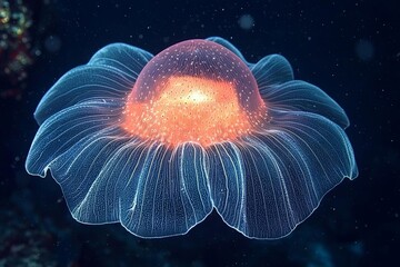 An unidentified siphonophore drifts in dark water near a coral reef in Indonesia