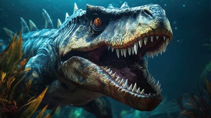 Fototapeta premium Majestic dinosaur in vibrant underwater setting of aquarium, showcasing fierce expression and intricate details in a visually stunning scene