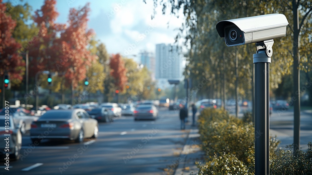 Poster surveillance camera monitoring traffic in an urban setting with colorful foliage.