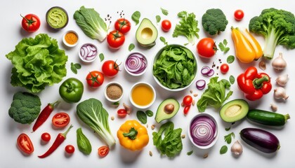 a close up of a white table with a lot of different vegetables,