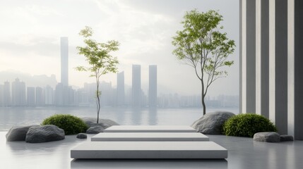 Naklejka premium Indoor tree with breathtaking city view, a serene urban oasis in modern living space