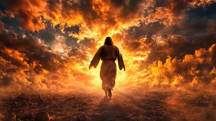 Fototapeta premium Solitary Walk of Jesus Christ on Ancient Path at Sunrise