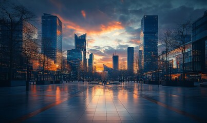 Obraz premium Urban skyline at sunset with reflective surfaces and dramatic clouds.