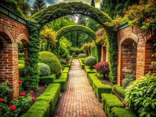 Vintage Butchart Gardens: Brick Path, Archways, Lush Hedges - Retro Photography