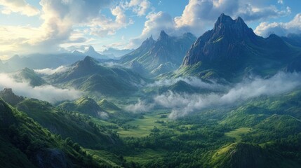 Fototapeta premium Majestic Mountains Enveloped in Morning Mist and Lush Valley