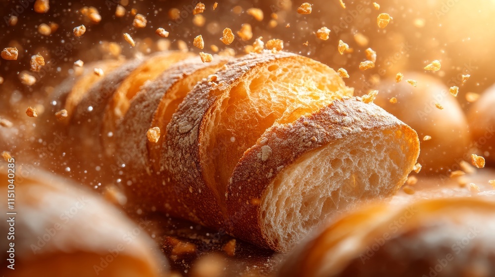 Aufkleber a freshly baked baguette is sliced open, sending a shower of golden crumbs into the air, capturing t