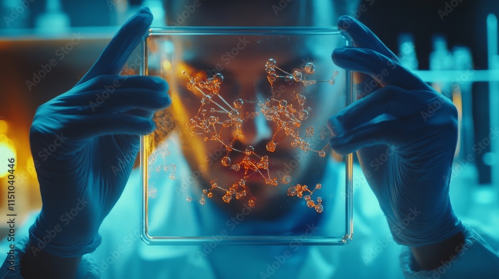 Poster a scientist examines a glowing slide under laboratory conditions, highlighting intricate details of 