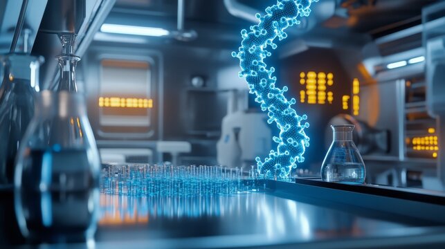 A futuristic laboratory scene featuring a glowing DNA strand, glass flasks, and advanced technology, suggesting scientific research and innovation.